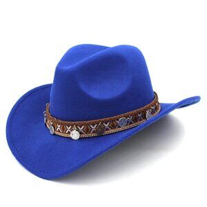 Blue Western Cowgirl Cowboy Hat Men Women –‎ Tribal Band Felt Wide Brim Rodeo